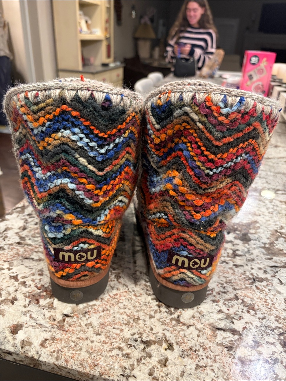 Mou Multicolor Chevron Knit Booties - Orange, Blue, Gray, Brown, Cream